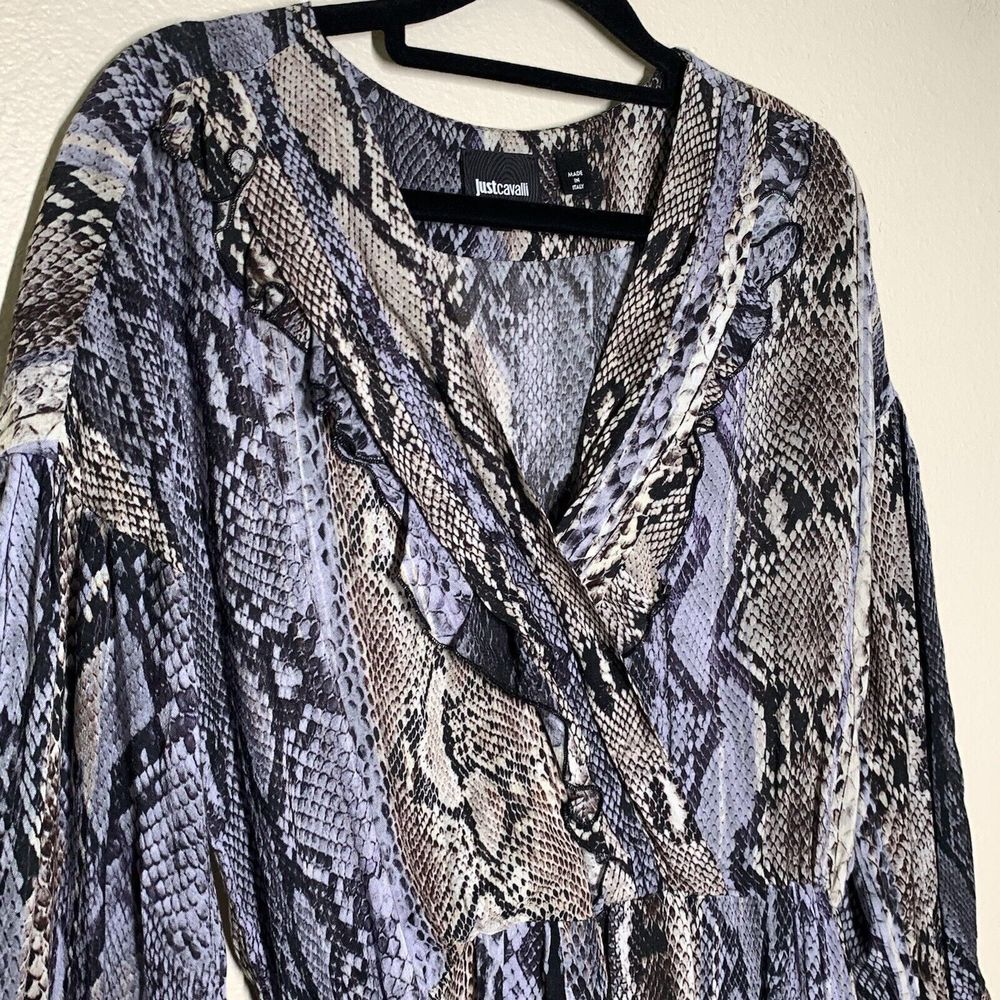 Just Cavalli Snakeskin Print Long Sleeve Blouse 40 Sm Ruffle V-Neck Purple Gray - Picture 2 of 8